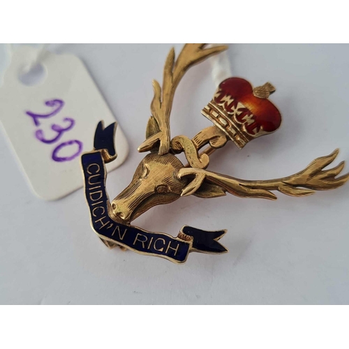 230 - A enamel stags head brooch 9ct    5.1 gms