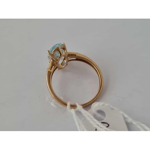 238 - A aquamarine oval centre stone ring with diamond shoulders 10ct gold  size O      2.2 gms