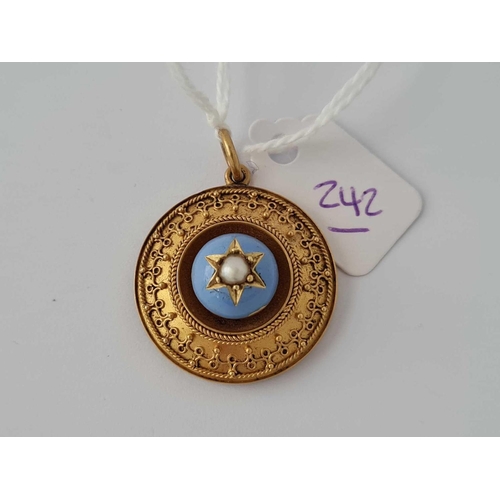 242 - A OVAL ENAMEL AND PEARL PENDANT 15CT GOLD   7.3 GMS