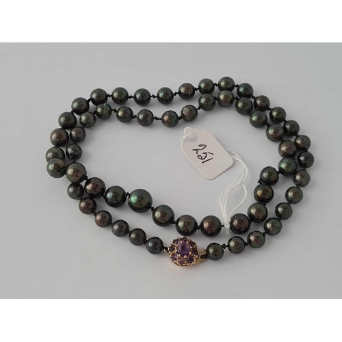 251 - A vintage string of black pearls with 9ct amethyst clasp 21 inch