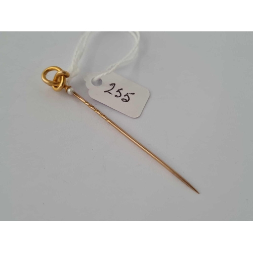 255 - A Victorian high carat gold and pearl knot stick pin   2.1 gms