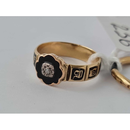 256 - A VICTORIAN GOLD AND BLACK ENAMEL MEMORIAL RING WITH DIAMOND AND ANOTHER GOLD MEMORIAL RING SIZES J ... 