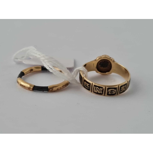 256 - A VICTORIAN GOLD AND BLACK ENAMEL MEMORIAL RING WITH DIAMOND AND ANOTHER GOLD MEMORIAL RING SIZES J ... 