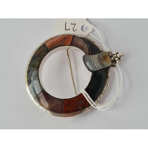 27 - Antique Victorian silver Scottish brooch with inlaid agate hard stones, 48mm in D.