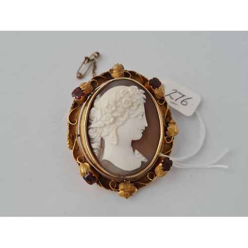 276 - LARGE FINE VICTORIAN 18CT GOLD shell cameo swivel brooch portrait back &  set with garnets