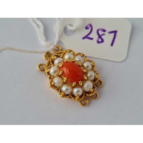 287 - A pearl and coral clasp 9ct    3.7 gms