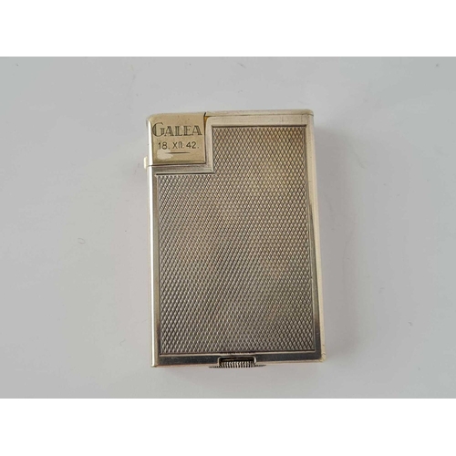 322 - 22. Antique rectangular engine turned silver plated DUNHILL lighter engraved 0
the flame guard �GALE... 