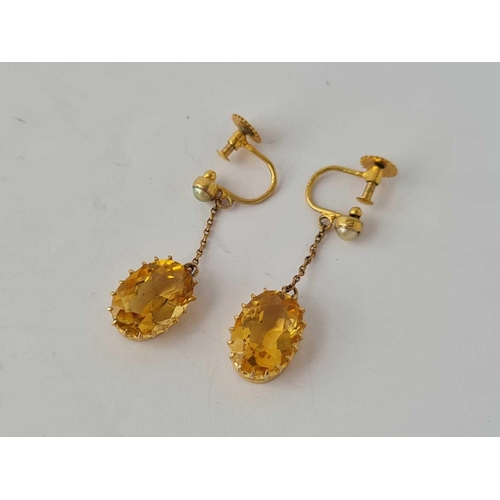 330 - Antique gold pearl & citrine drop earrings on gold screw fittings