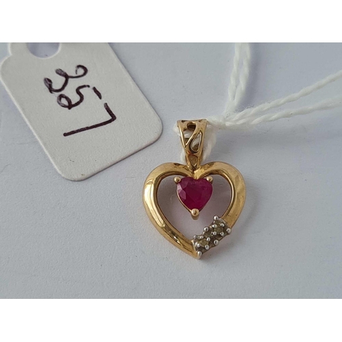 357 - A heart shaped pendant with ruby and diamonds 9ct