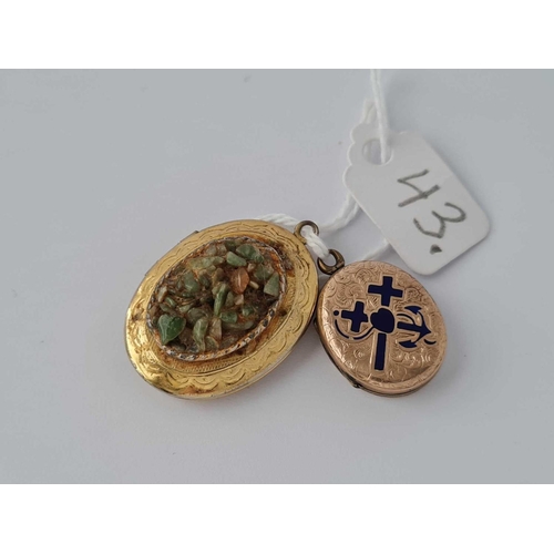 43 - A oval and enamel memorial locket together with a oval gilt locket