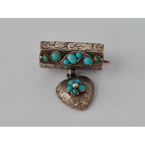 57 - A Victorian gold and turquoise brooch with heart pendant