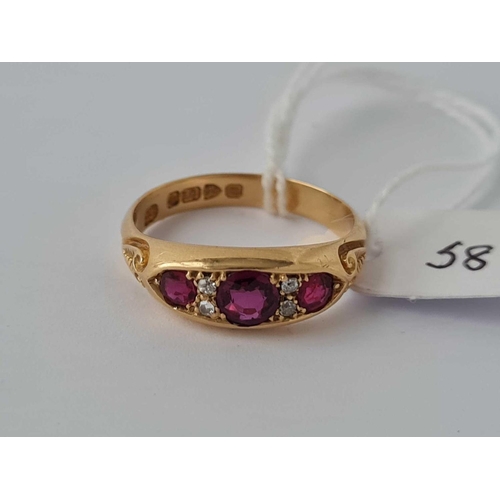 58 - A EDWARDIAN THREE STONE RUBY AND DIAMOND RING CHESTER 1902 18CT GOLD SIZE R    4.6 GMS