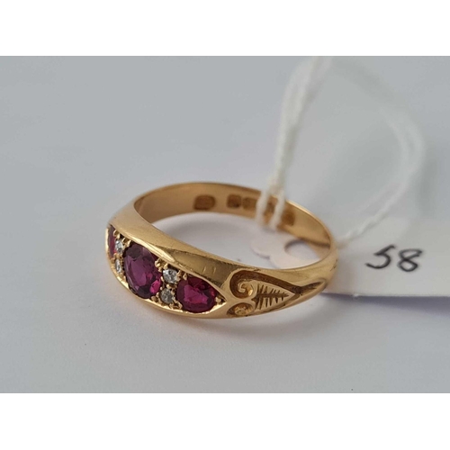 58 - A EDWARDIAN THREE STONE RUBY AND DIAMOND RING CHESTER 1902 18CT GOLD SIZE R    4.6 GMS