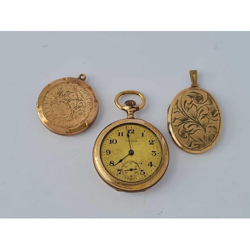 64 - A vintage rolled gold pocket watch and two 9ct back & front lockets