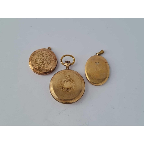 64 - A vintage rolled gold pocket watch and two 9ct back & front lockets