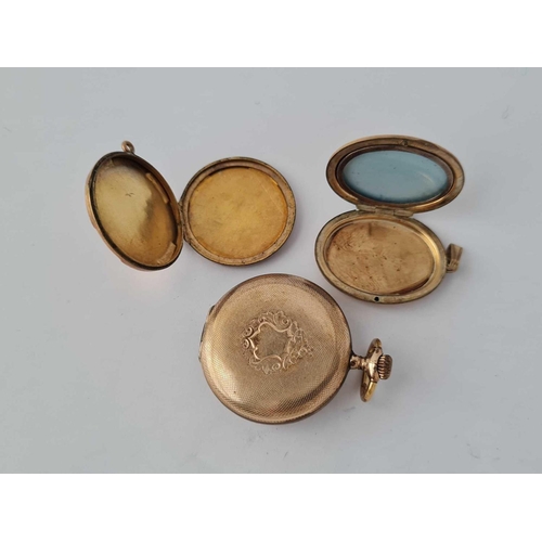 64 - A vintage rolled gold pocket watch and two 9ct back & front lockets