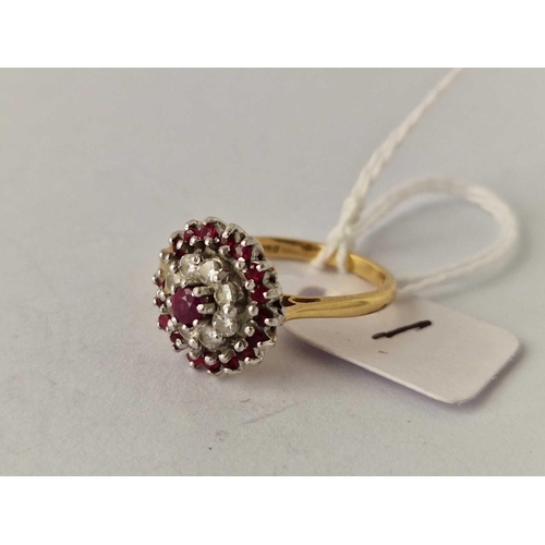 1 - A DIAMOND AND RUBY CLUSTER RING, 18ct size N, 5 g