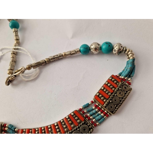 109 - A Heavy Tribal Silver, Coral & Turquoise necklace with very large Pendant poss. Navaho or Eastern