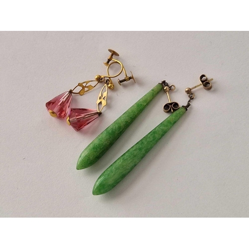 130 - A pair of green stone pendant earrings and 9ct pink stone earrings