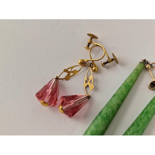 130 - A pair of green stone pendant earrings and 9ct pink stone earrings