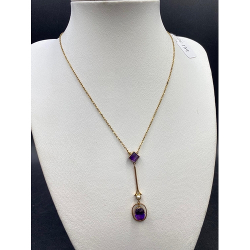 139 - A Edwardian Amethyst & Real Pearl fancy pendant necklace set in gold diamond shape with oval drop 16... 