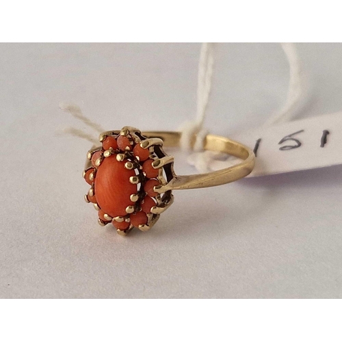 151 - A Vintage coral cluster ring 9ct size O 2.2 gms