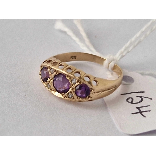 154 - A Vintage amethyst and diamond seven stone boat shaped ring 9ct size L 1.6 gms