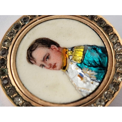 253 - A 19th century Napoleon portrait limoges enamel yellow metal brooch pin missing