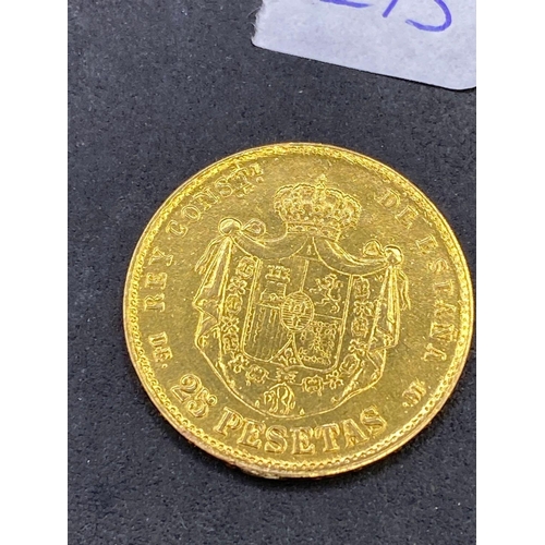 273 - 1878 � 22ct GOLD PESETA COIN 7.8g