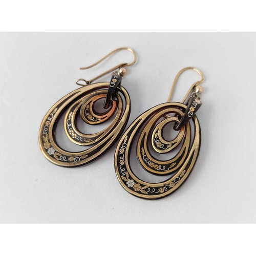 317 - Antique Victorian tortoiseshell pique earrings designed as 3 interlocking oval drops