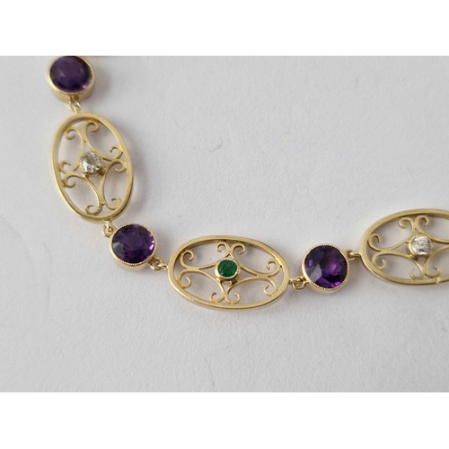 320 - Antique Edwardian 15ct stamped suffragette bracelet set with amethysts, emeralds & diamonds.