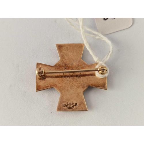 388 - A enamelled cross shaped badge brooch 10ct gold 7.2 gms