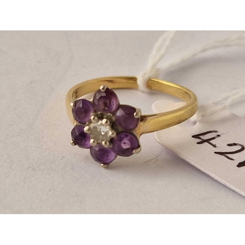 421 - A amethyst and diamond ring 18ct gold size N 3.2 gms