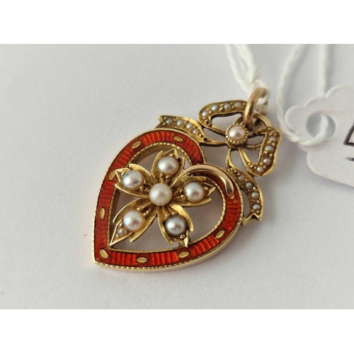 44 - A ANTIQUE ENAMELLED HEART PENDANT WITH PEARLS 15CT GOLD 5.3 GMS