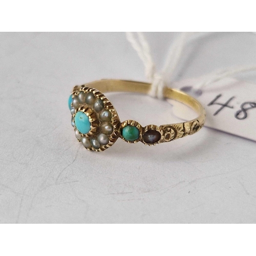 489 - A Victorian gold ring with pearl and turquoise, size O