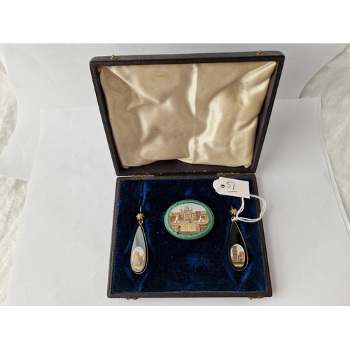 51 - A VICTORIAN GOLD MICRO MOSAIC BROOCH AND EARRINGS SET IN FITTED BOX