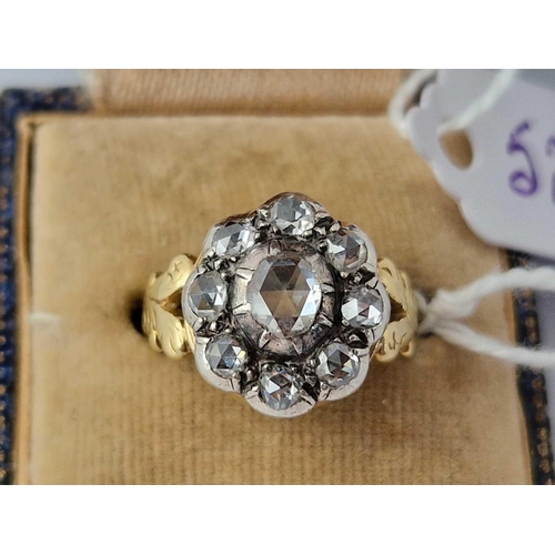 52 - A EARLY VICTORIAN HIGH CARAT GOLD SILVER SET ROSE DIAMOND CLUSTER RING SIZE L 5.1 GMS BOXED