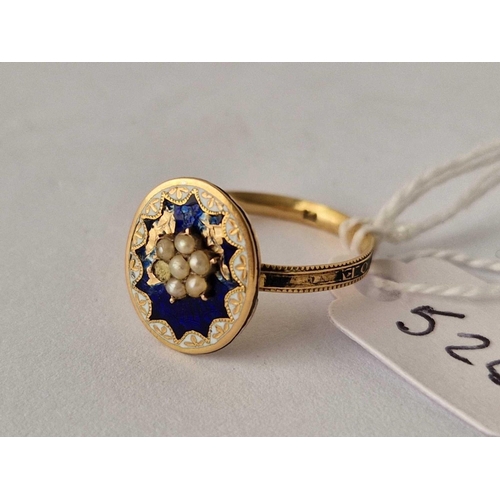 520 - Antique Georgian memorial ring, the top of the ring in blue & white enamel with a
central pearl clus... 