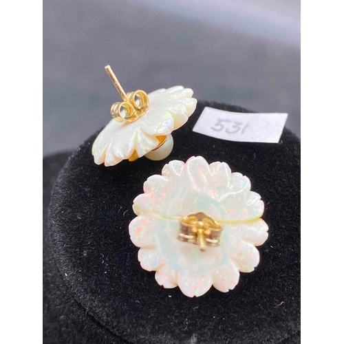 531 - A Vintage pair of large carved opal flower and pearl earrings set in gold