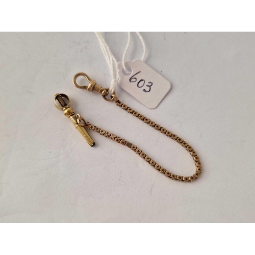 603 - A watch key on gold chain with dog clip, 4.4 g