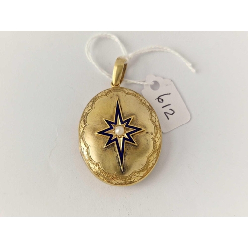 612 - Antique Victorian 15ct large oval locket with blue enamel star to the front set with a central pearl