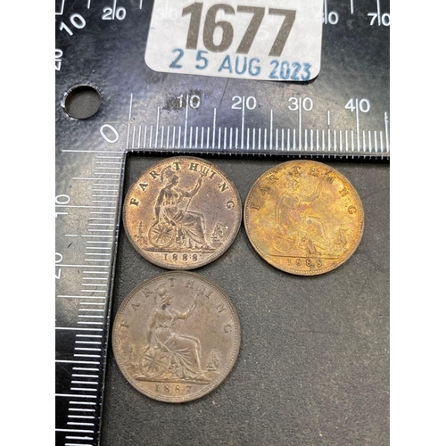 1677 - 3 Farthings:  1887 & 2 x 1888 better grade