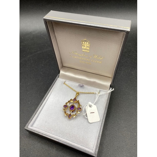 1 - A Amethyst And Pearl Pendant Necklace 9Ct 18 Inch Boxed