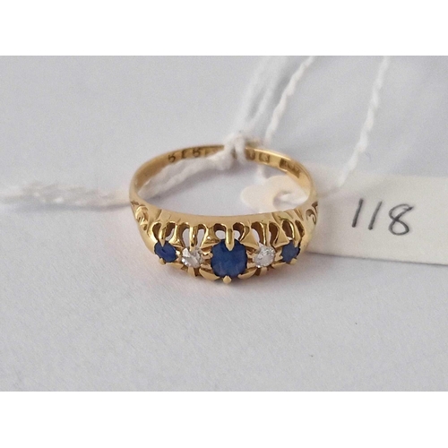 118 - A Antique Sapphire And Diamond Ring 18Ct Gold Size O 2.8 Gms