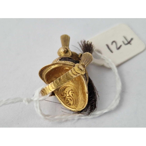 124 - Very Unusual High Carat Gold Georgian Charm Of A Regimental Helmet With
Hair Woven On The Inside And... 