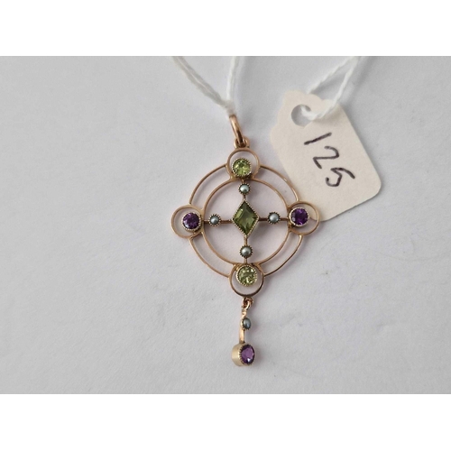 125 - Edwardian Suffragette 9Ct Gold Pendant Set With Pearls, Amethyst And Peridot