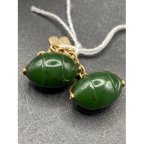 147 - A  Heavy Edwardian Nephrite Jade Cufflinks In Rugby Ball Style Revolving Feature