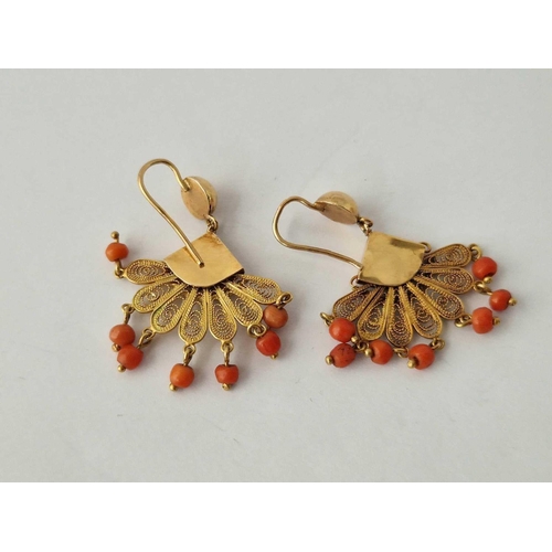 186 - A Pair Of Fan Shaped Coral Drop Earrings 18Ct Gold 8.6 Gms