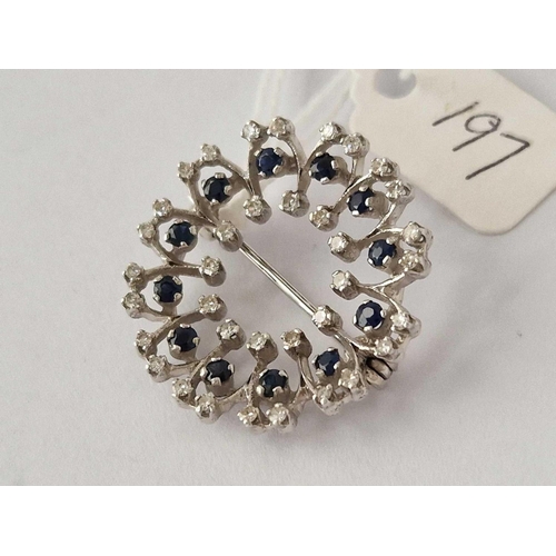 197 - A White Gold Diamond And Sapphire Brooch 18Ct Gold 7.1 Gms