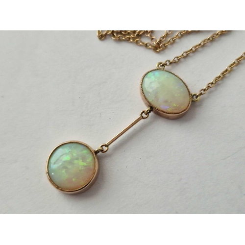 2 - A Two Stone Opal Pendant Necklace 9Ct 16 Inch